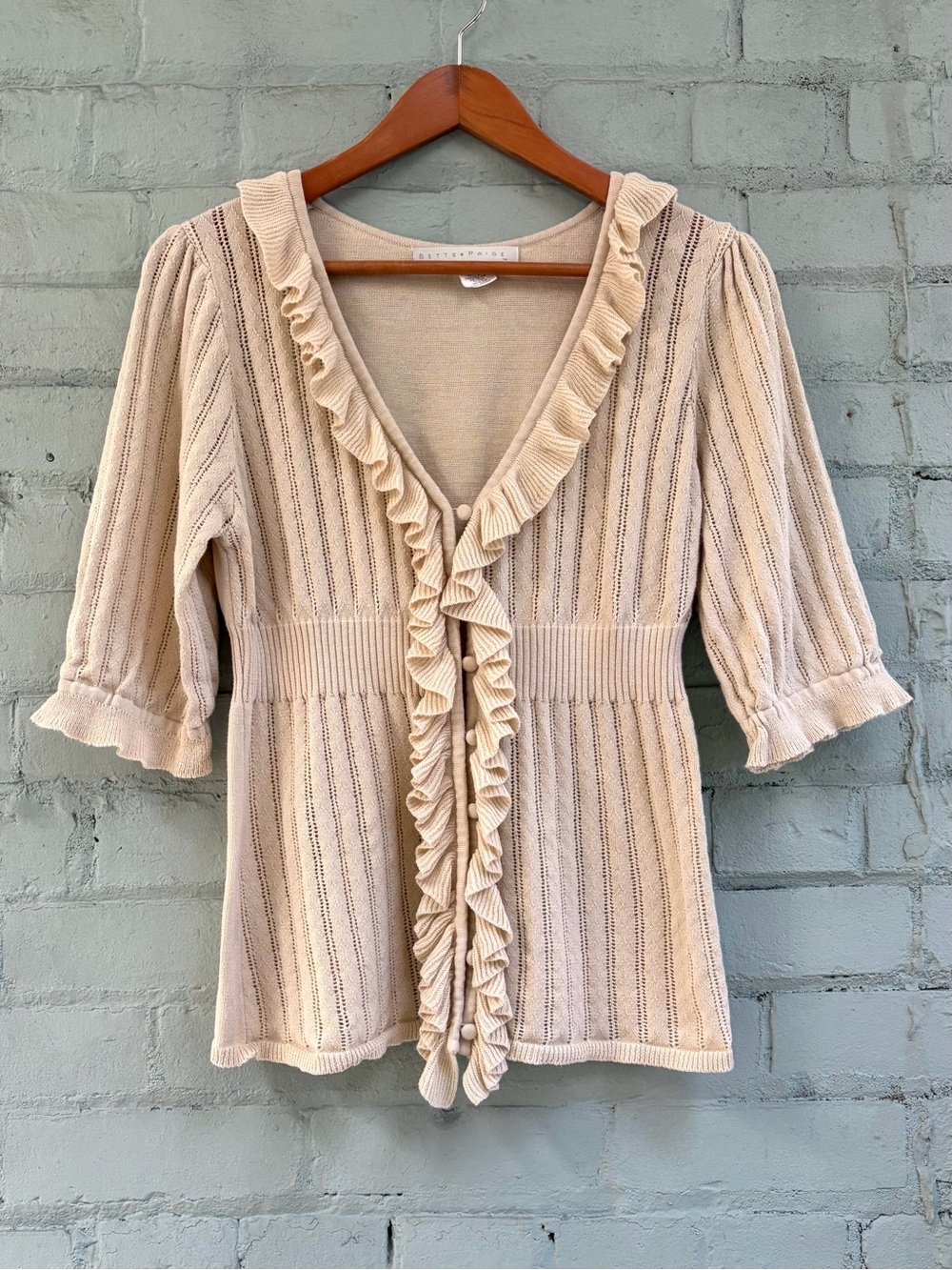 Vintage Cream Ruffle-Trim Pointelle Knit Cardigan